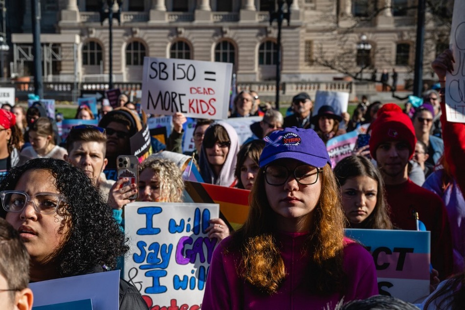 Demonstrators gather at a rally to protest the passing of SB 150 on March 29, 2023, at the Kentucky State Capitol in Frankfort.