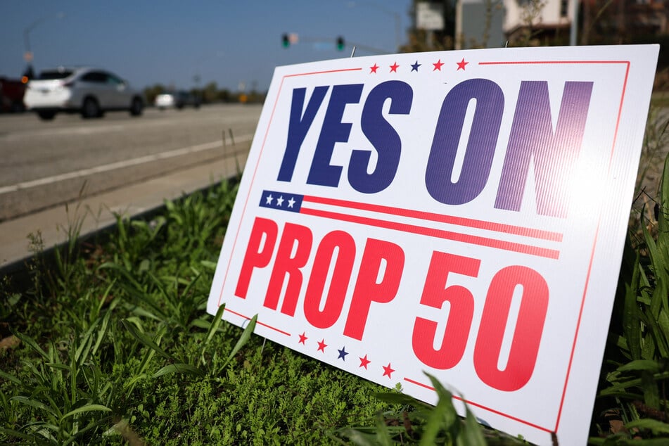 A yard sign on display in Los Angeles reads "Yes On Prop 50," in support of a California redistricting plan aimed at countering Republican gerrymandering.