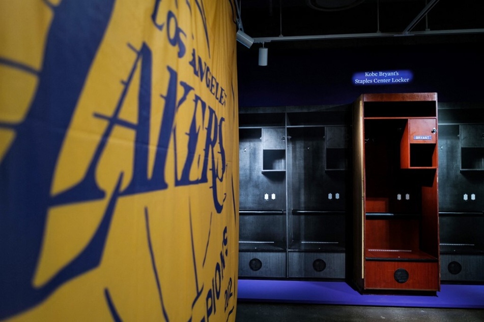 The locker used by Lakers basketball legend Kobe Bryant at the Staples Center is displayed at Sotheby's auction house in New York City.