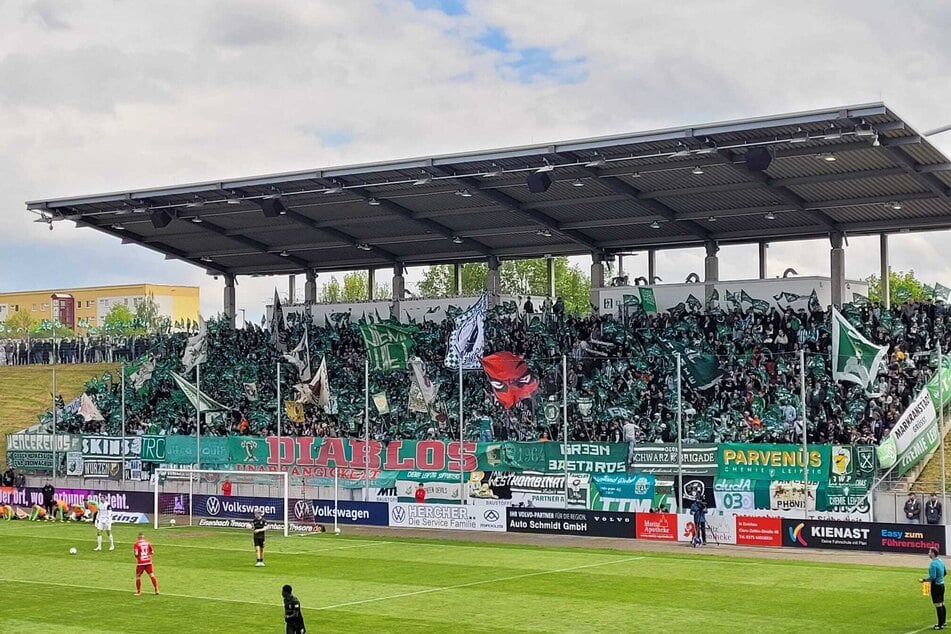 Zahlreiche Chemie-Fans waren nach Zwickau gereist. Unschön: Aus dem Block ertönten Bullenschweine"-Rufe.