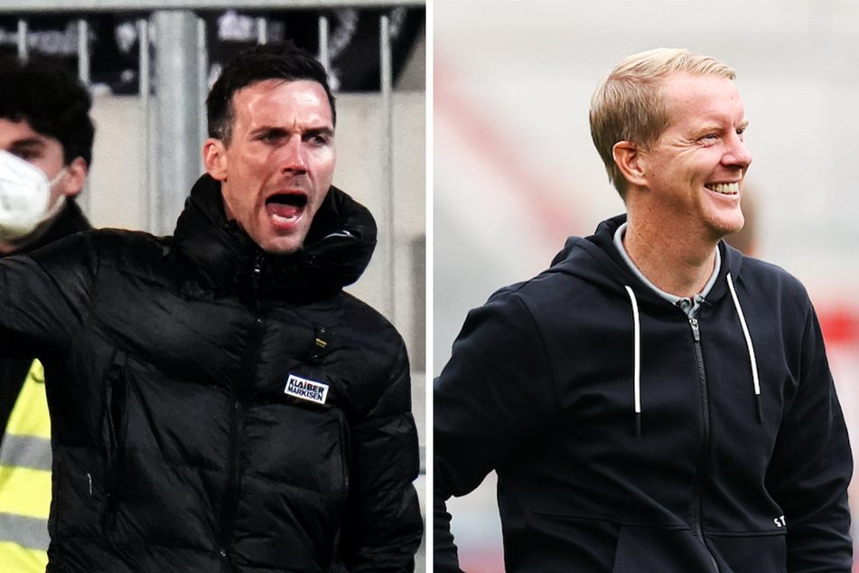 St.-Pauli-Coach Timo Schultz (44, r.) tritt mit seiner Mannschaft beim Karlsruher SC und Trainer Christian Eichner (38) an.