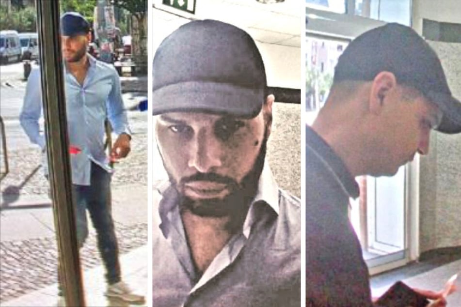 Der erste Täter (l. und M.) soll dunkle Haare, einen Vollbart und ein auffälliges Muttermal haben. Der zweite Täter (r.) hat kurze, dunkle Haare.
