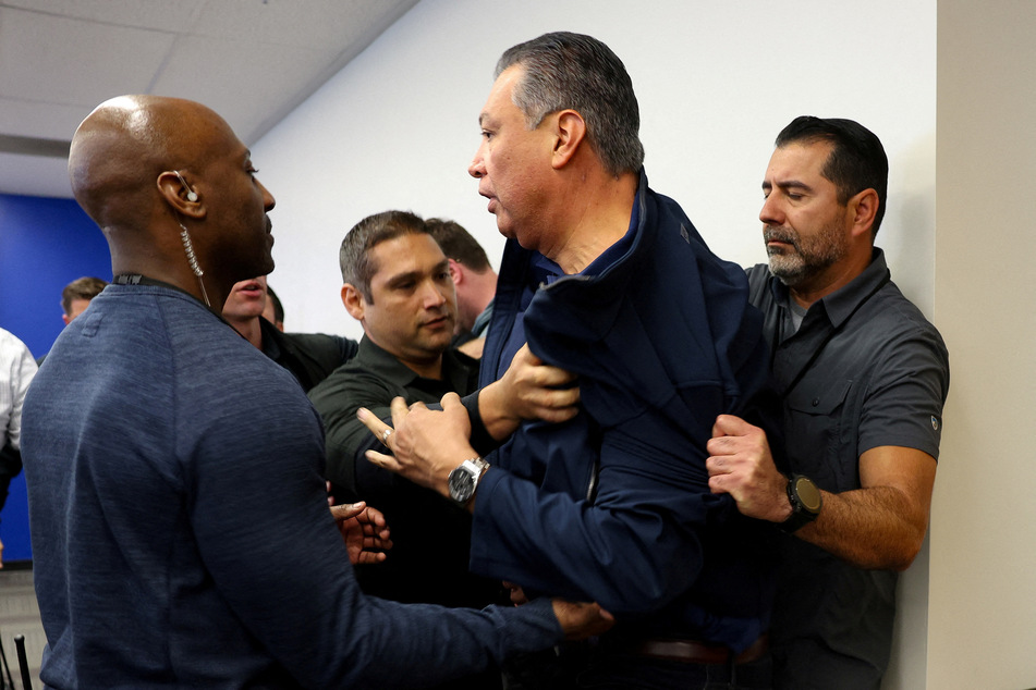 Senator Alex Padilla is removed from a press conference held by Homeland Security Secretary Kristi Noem in Los Angeles, California, on June 12, 2025.