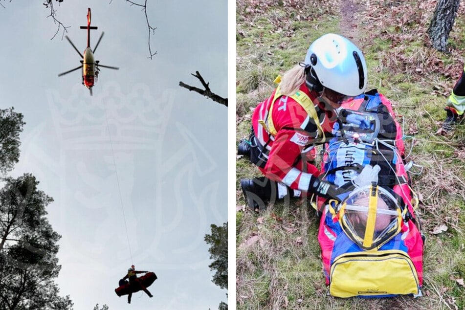 Die Notärztin wurde aus dem Rettungshubschrauber zu dem Patienten herabgelassen.