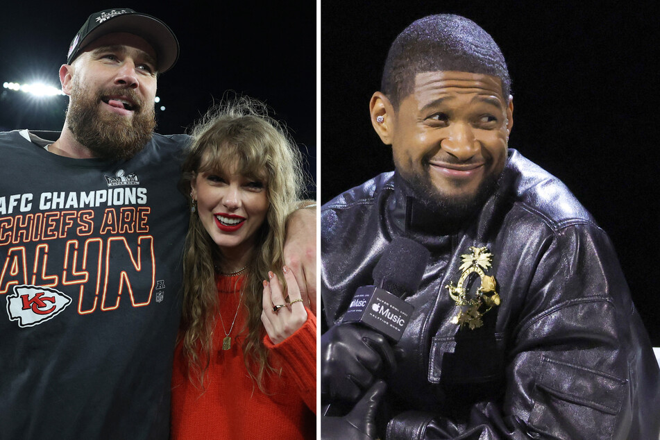 Taylor Swift is expected to attend the Super Bowl to cheer on her boyfriend, Travis Kelce (l.), but odds are not high that she'll join Usher on stage during the halftime show.