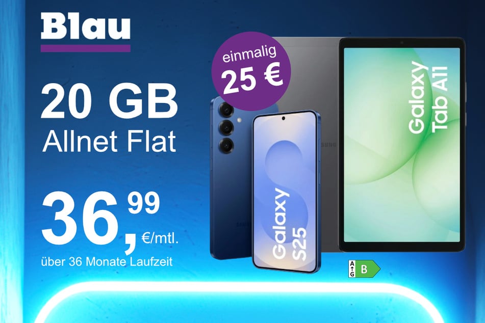 Das Samsung Galaxy S25 mit gratis Tab A11 im Blau Allnet M für einmalig 25 Euro.