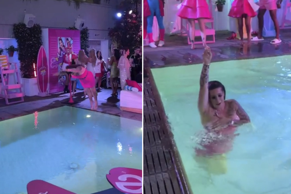 Auf einer Barbie-Party in Los Angeles sprang Jolina Mennen (30) kurzerhand in den Pool und tanzte anschließend ausgelassen am Beckenrand.