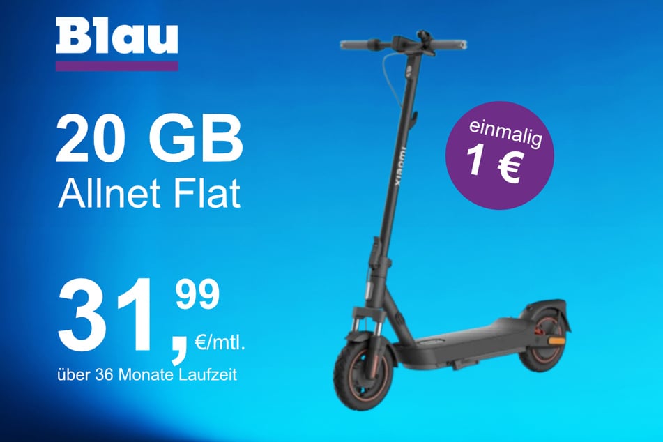 Der Xiaomi E-Scooter 5 Max im Blau Allnet M inkl. 20 GB für einmalig 1 Euro.
