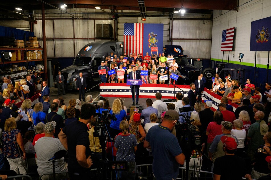 JD Vance speaking at a rally at Team Hardinger, a trucking company in Erie, Pennsylvania on Wednesday.