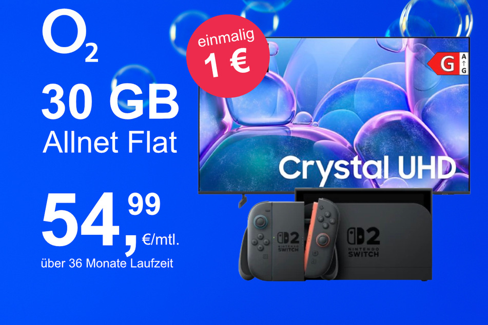 Die Nintendo Switch 2 plus Samsung 50-Zoll Crystal UHD im o2 Mobile M inkl. 30 GB+ für einmalig nur 1 Euro.