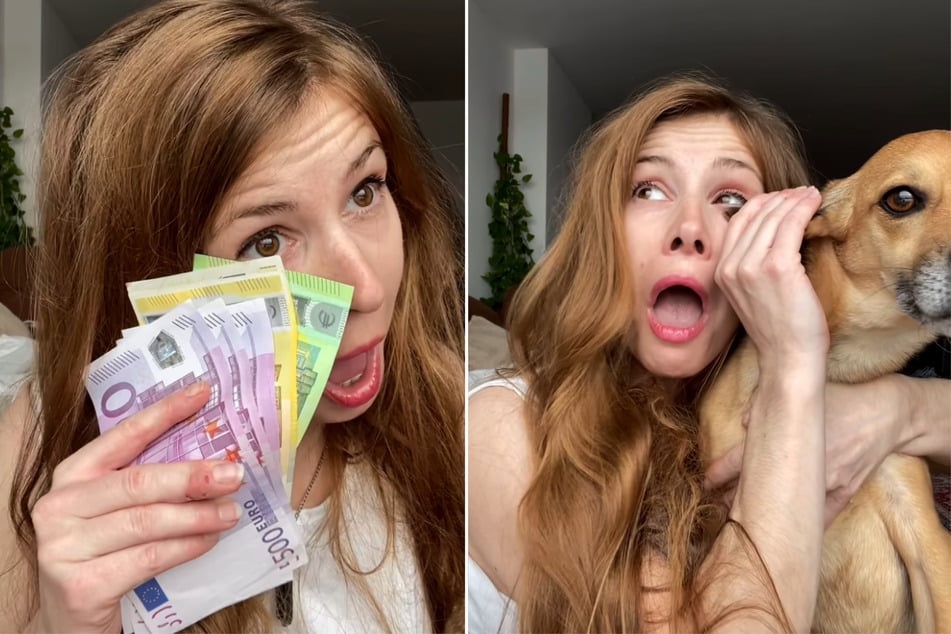 Scherzhaft hält Josefine Preuß diverse bunte Geldscheine und ihren Vierbeiner in die Kamera.