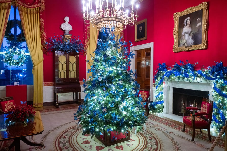 Christmas decorations are seen in the Red Room of the White House.