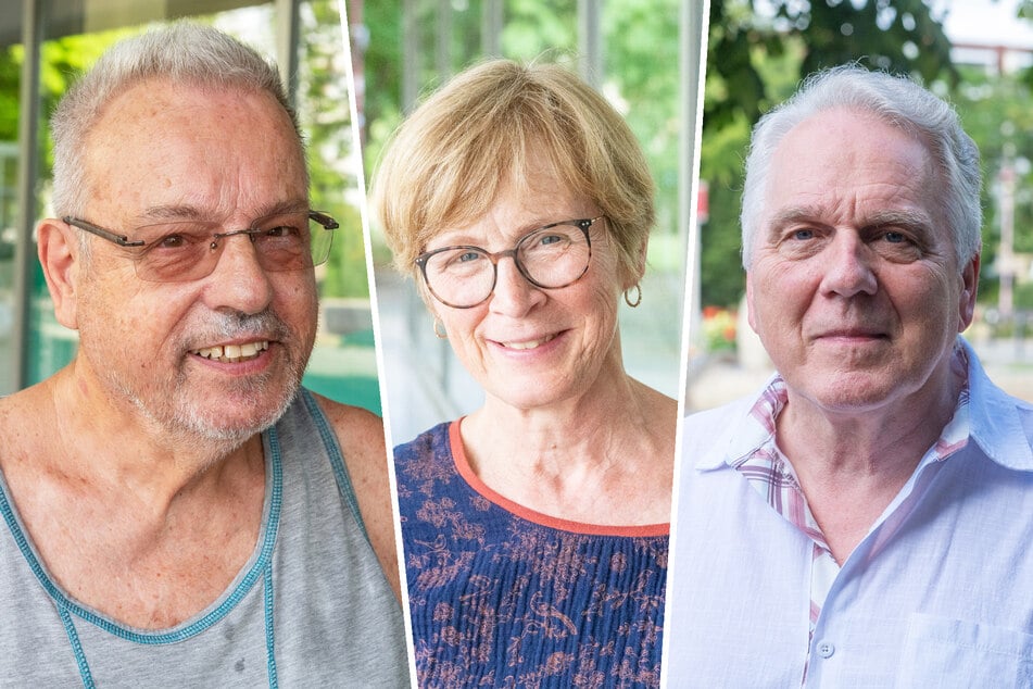 Peter Rausendorf (84, l.) will, dass Altgruna wieder dörflicher wird. Gudrun Flach (66) kann den Plänen etwas abgewinnen. Anwohner Joachim Reinhold (75) sieht kritisch, dass weitere Bänke aufgestellt werden sollen.