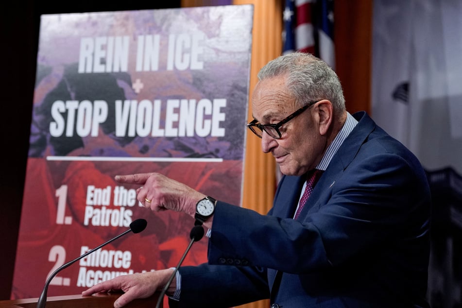 Senate Minority Leader Chuck Schumer holds a press conference on February 12, 2026, after legislation that would fund the Department of Homeland Security past a Friday deadline failed in Congress' upper chamber.