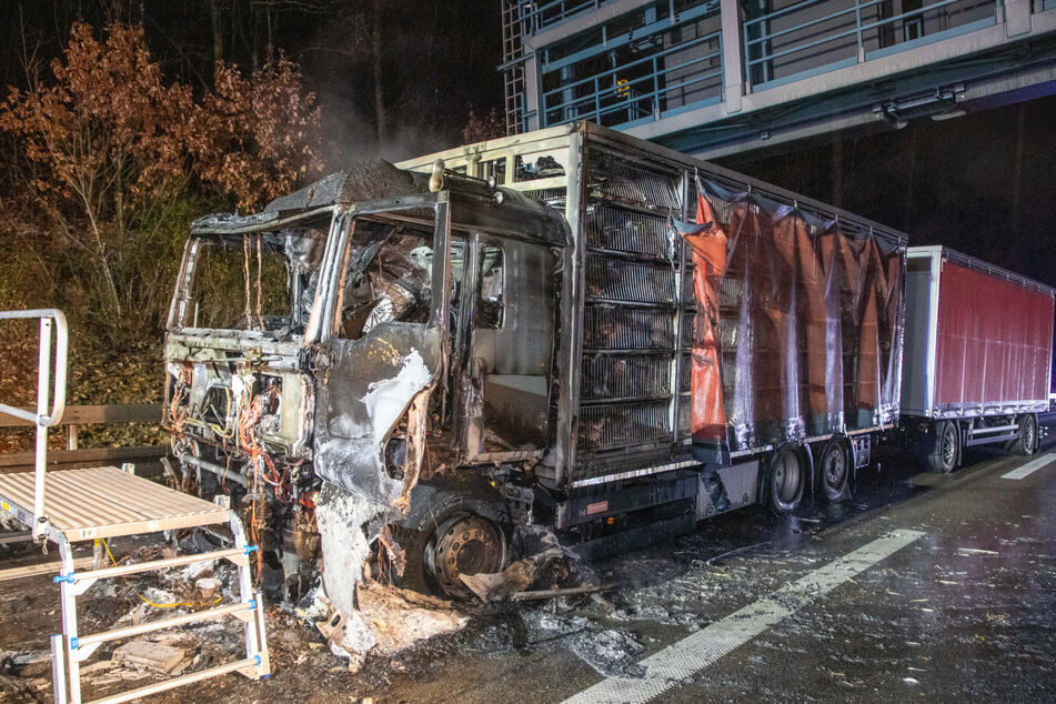 Der vordere Teil des Tiertransports brannte auf der A7 bei Niederaula komplett aus. Einige der 900 Truthähne mussten dabei ihr Leben lassen.