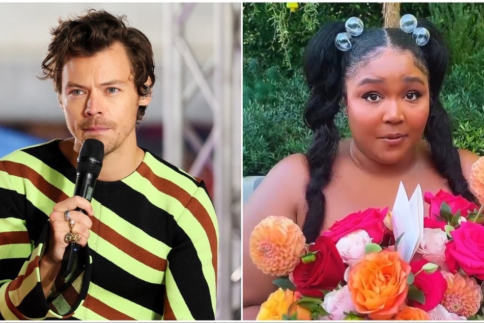 Lizzo (r) was given a special gift by Harry Styles in honor of her hit single hitting the number one spot on the charts!