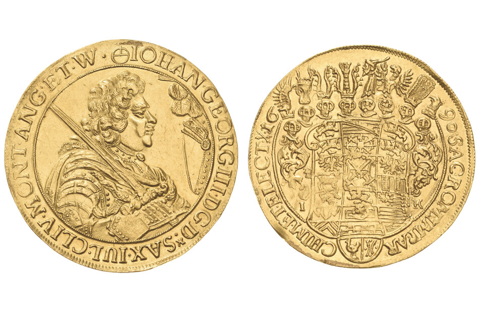 Sie ist das Highlight der 100. Auktion, ein 6-Dukatenstück aus dem Jahr 1690. "Diese Münze stellt die Krönung seiner Münzprägung als Gesamtkunstwerk dar", heißt es vonseiten der Münzhandlung.