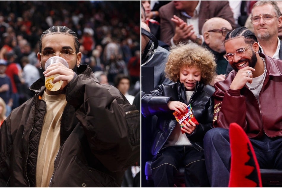 Like father, like son! Drake and his son (r) were all smiles while enjoying the Raptors-Lakers basketball game in Toronto.