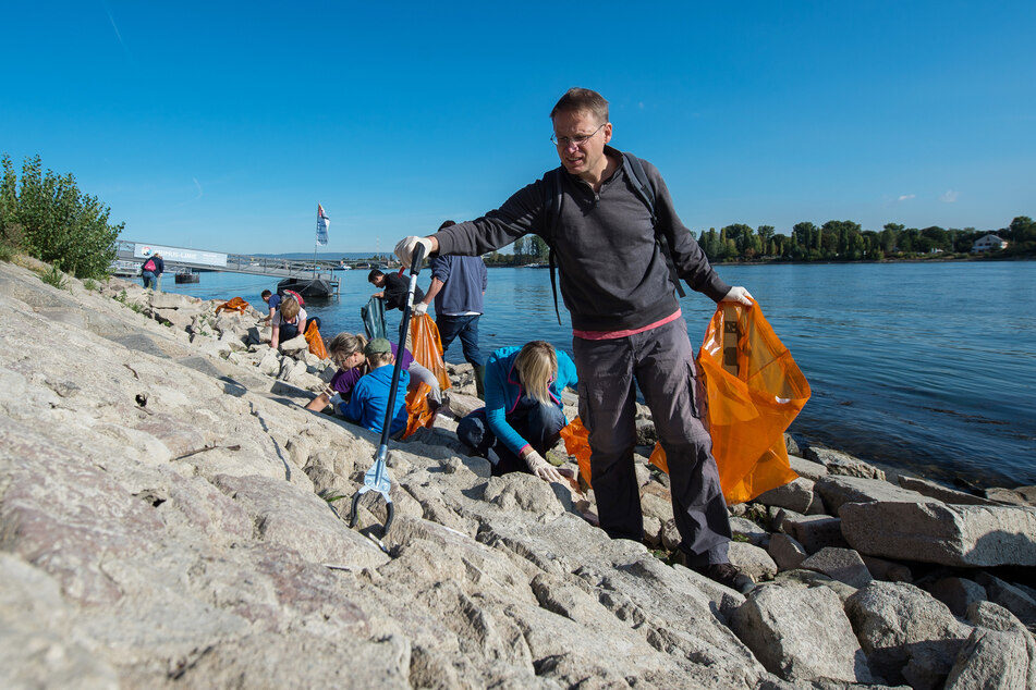 Ehrenamtliche sammeln bei der Umweltinitiative «Rhein Cleanup» am Rheinufer Müll.