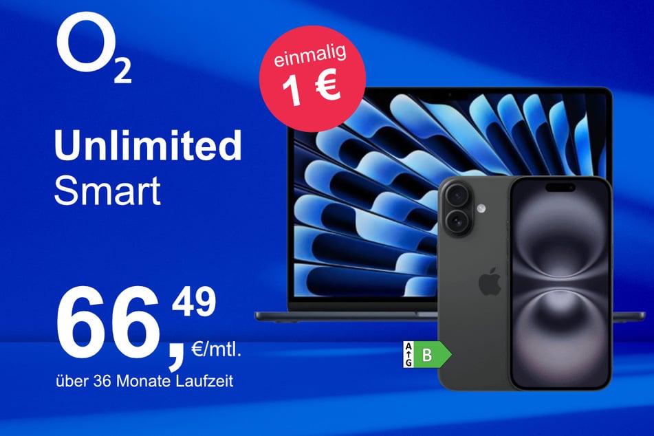 Das iPhone 16 + MacBook Air 13 im o2 Mobile Unlimited Smart für einmalig 1 Euro.