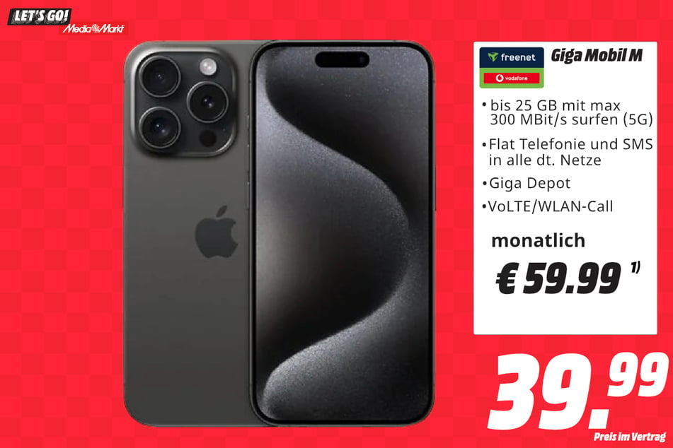 Apple iPhone 15 Pro im Vertrag für 39,99 Euro.