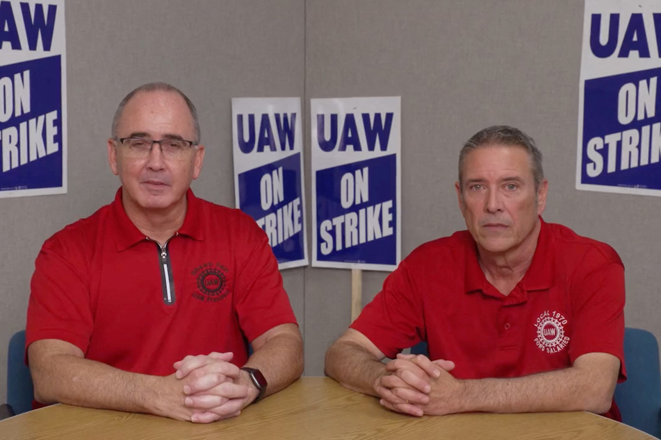 UAW President Shawn Fain (l.) and Vice President Chuck Browning share an important announcement on negotiations with Ford via video address.