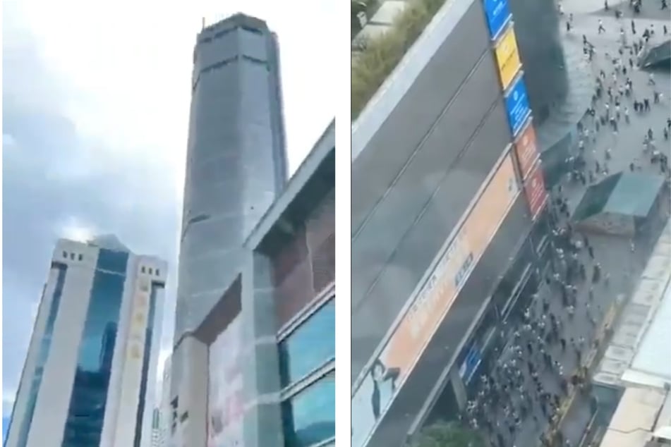 Stills from a video of the SEG Plaza tower in Shenzhen as thousands of people evacuated the shaking building.