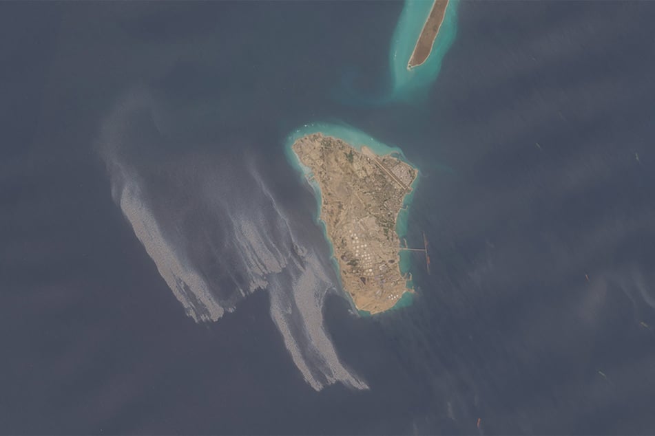 A satellite image obtained from Copernicus Sentinel Data 2026 on May 8, 2026, appears to show an oil slick spreading off the coast of Iran's Kharg Island.