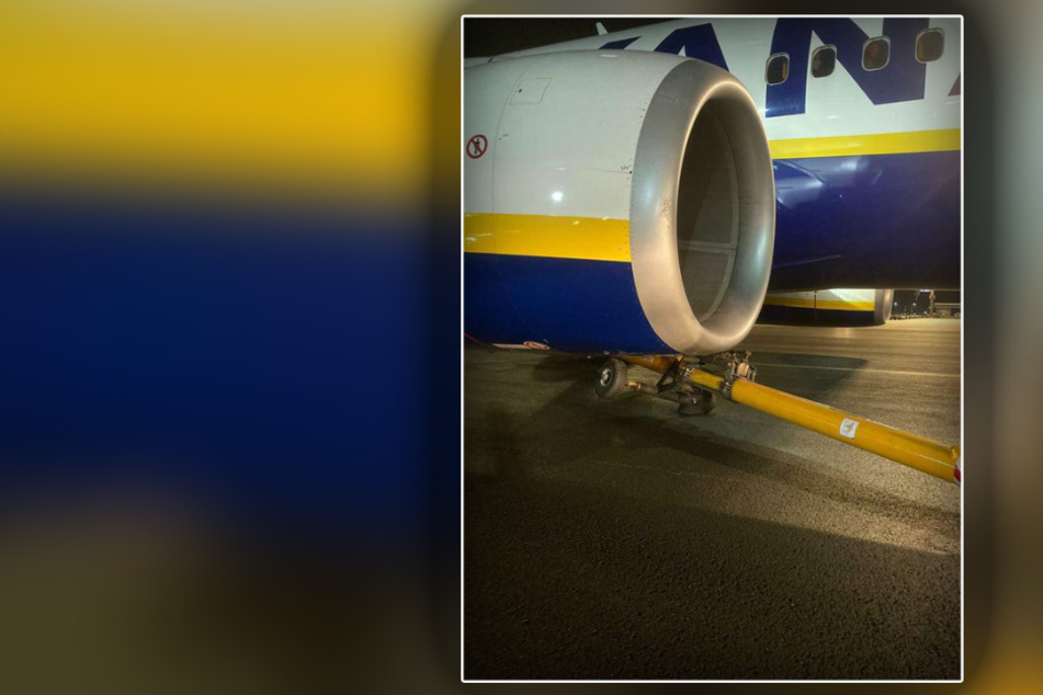 Eine sogenannte Pushback-Stange steckte noch immer unter dem Triebwerk des Ryanair-Fliegers.