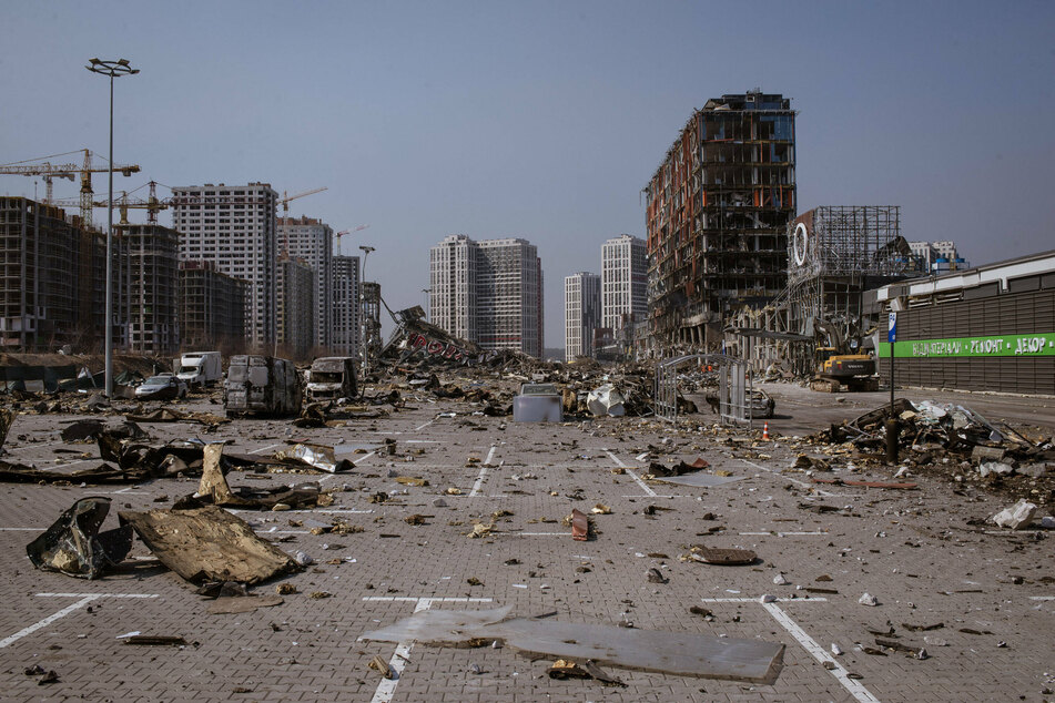 A view of the Retroville shopping district in Kyiv, destroyed by a Russian missile.