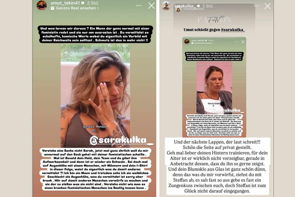 Umut Tekin (27) äußerte sich zuerst auf ein Video, das einen Ausschnitt aus der Show zeigt. Sara Kulka (35) antwortete in ihren Instagram-Storys.