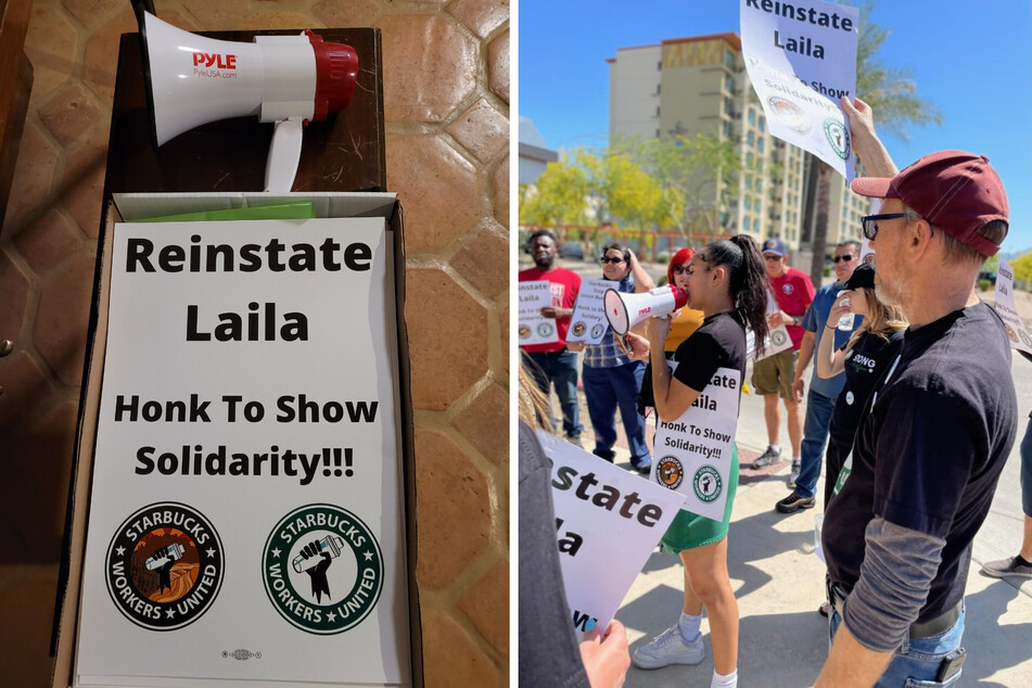 Bill Whitmire (r.) raises a sign at a rally in support of his colleague Laila Dalton, who was unlawfully fired by Starbucks.