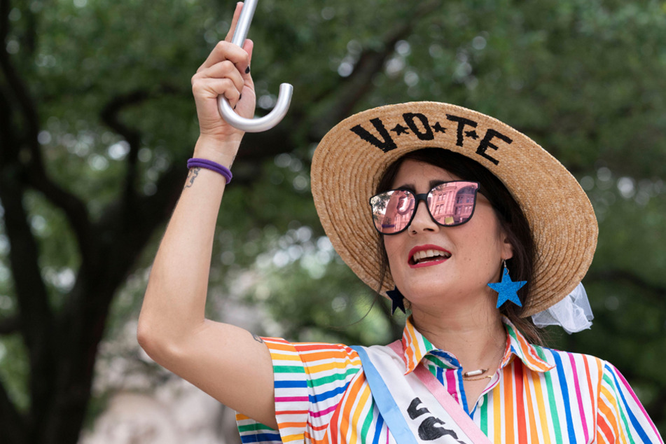 An Austin resident shows support for voting rights at a rally decrying voter suppression at the Texas State Capitol on July 8.