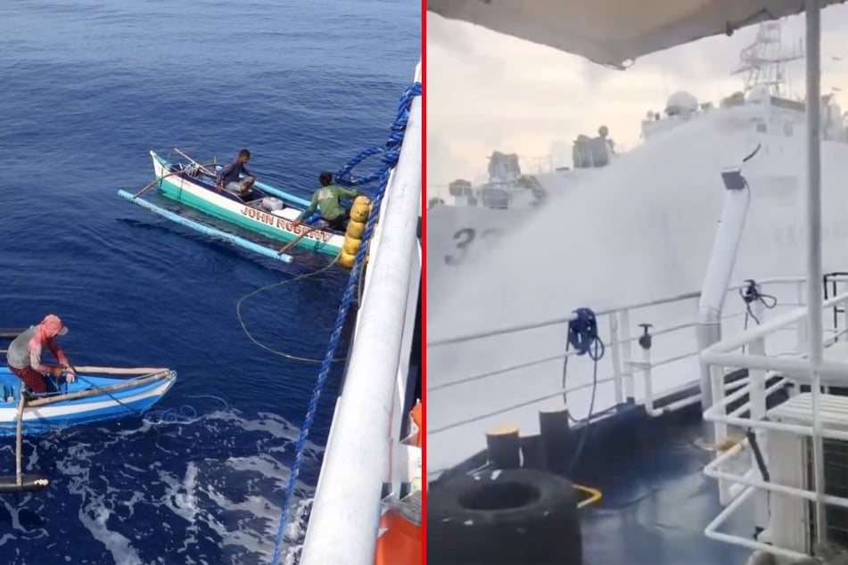 A Chinese coastguard ship uses a water cannon against Filipino fishermen on Thursday.