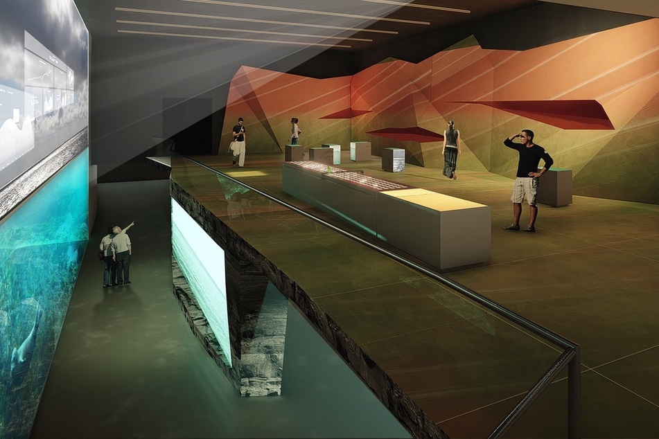 Die Visualisierung zeigt einen Raum der geplanten Erlebnis-Ausstellung Bluehouse auf Helgoland.