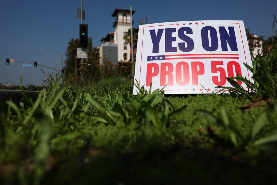 A yard sign on display in Los Angeles reads "Yes On Prop 50," in support of a California redistricting plan aimed at countering Republican gerrymandering.