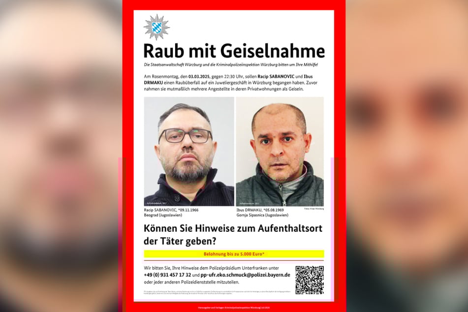 Die Polizei in Unterfranken sucht auch mit einem Fahndungsplakat nach den beiden mutmaßlichen Räubern.