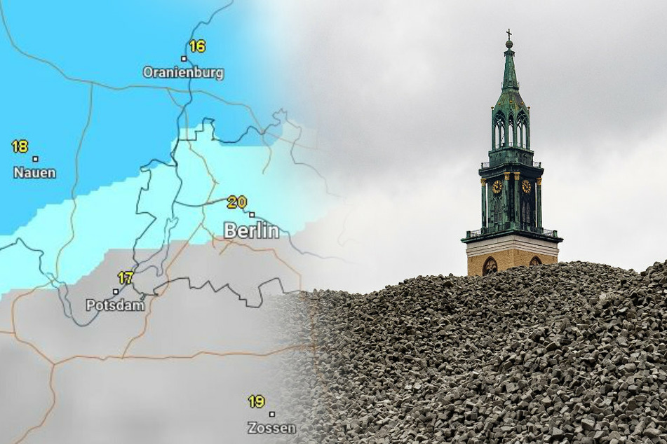 Graue Wolken hängen über dem Turm der evangelischen Marienkirche in Berlin-Mitte.