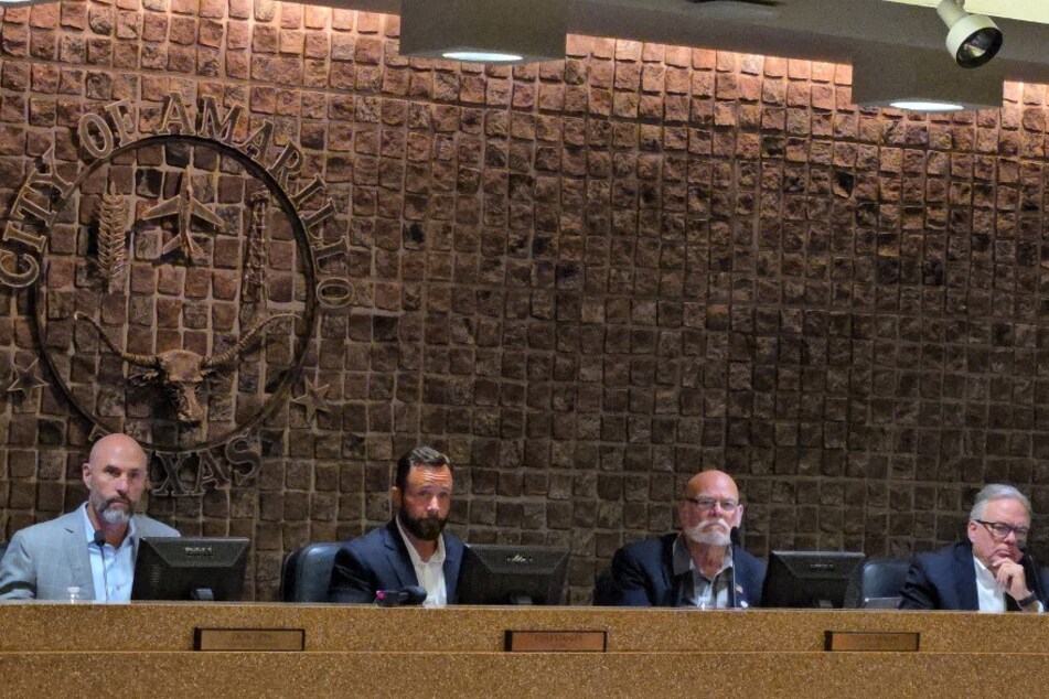 From l. to r.: Amarillo Council Member Don Tipps, Mayor Cole Stanley, Council Member Tom Scherlen, and Council Member Les Simpson attend a session at the Amarillo City Hall to discuss an abortion travel ban.
