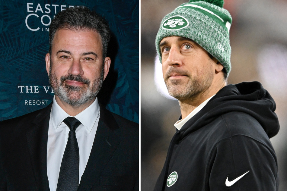 Jimmy Kimmel has fired back after NFL star Aaron Rodgers (r) implied a connection to the Epstein client list, due to be released this week.