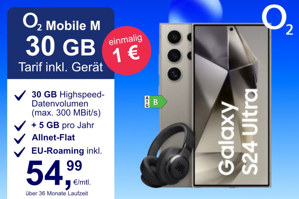 Das Samsung Galaxy S24 Ultra + JBL Live 770NC im o2 Mobile M für einmalig 1 Euro.