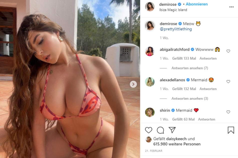 Demi Rose (25) poses in petals and bikinis.