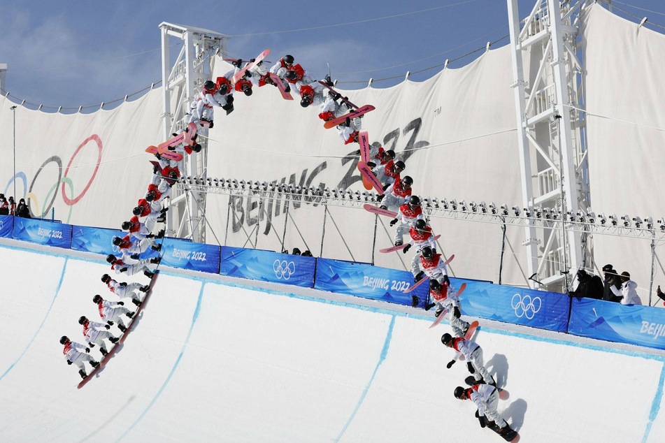 A composite photo shows Japanese snowboarder Ayumu Hirano performing a triple cork 1440 during the men's halfpipe final.