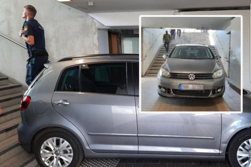 In Allach fuhr ein Mann mit seinem VW Polo eine Treppe hinunter.