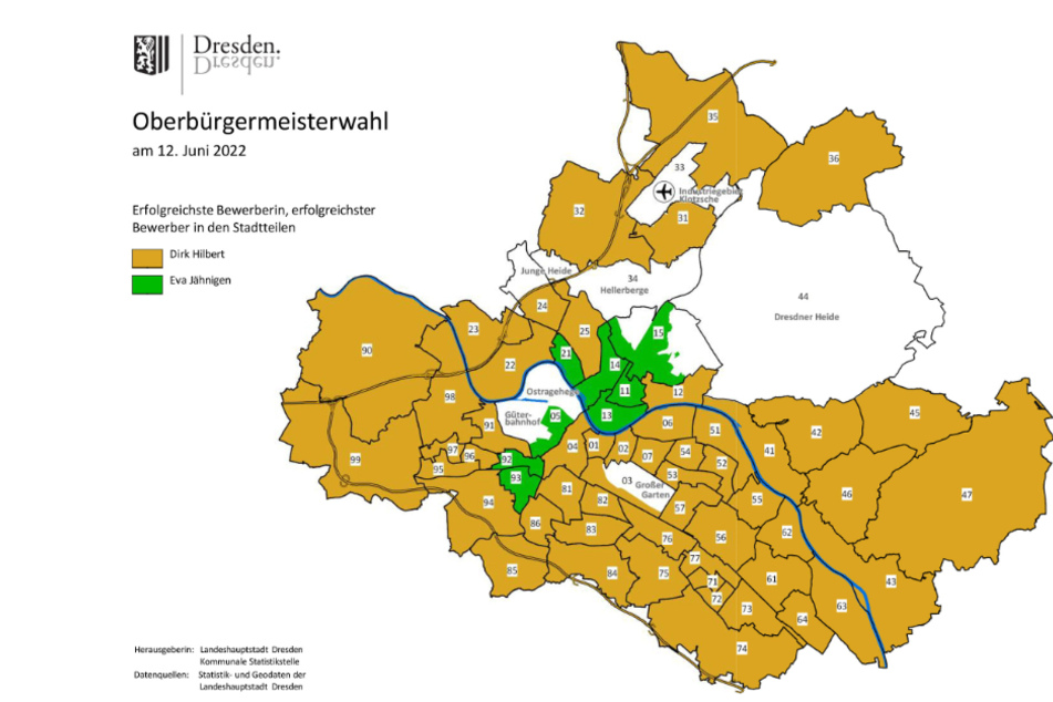 In acht Stadtteilen (grün) hat Eva Jähnigen (56, Grüne) gewonnen, im Rest (gelb) Dirk Hilbert (50, FDP).