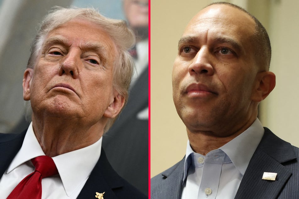 President Donald Trump (l.) stepped up his trolling of House Minority Leader Hakeem Jeffries with yet another AI-generated video.