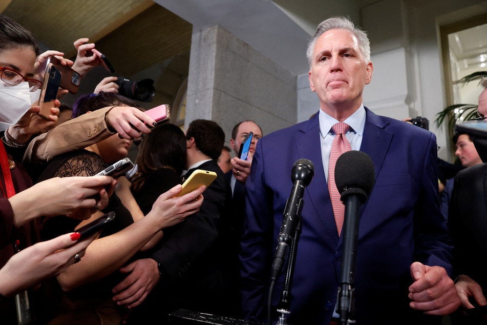 House Republican leader Kevin McCarthy talks with reporters after a House Republican caucus meeting on the first day of the 118th Congress at the US Capitol in Washington DC.