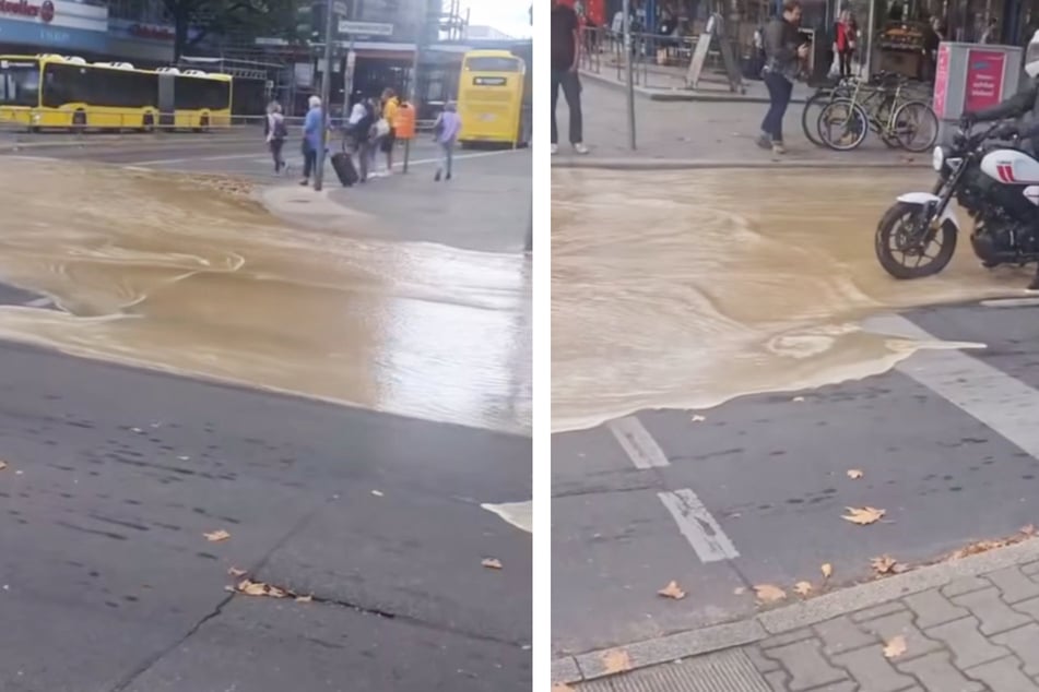 In Steglitz bahnte sich das Wasser an der Kreuzung Schloßstraße/Ecke Grunewaldstraße seinen Weg.