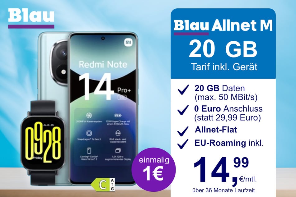 Das Xiaomi Redmi Note 14 Pro Plus + Watch 5 Active im Blau Allnet M für einmalig 1 Euro.