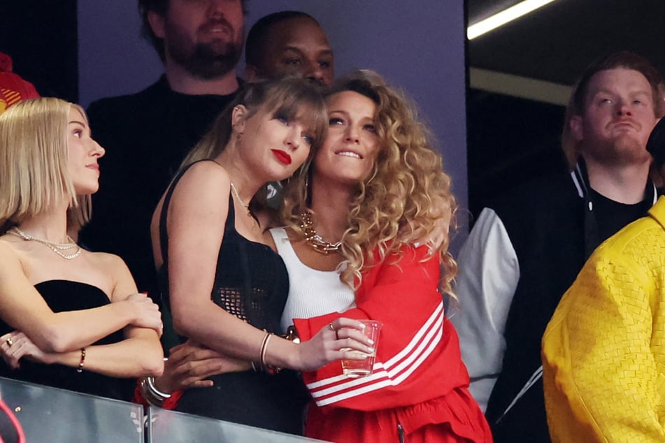 Blake Lively (r.) was by Taylor Swift's side to cheer on the Kansas City Chiefs in the 2024 Super Bowl.